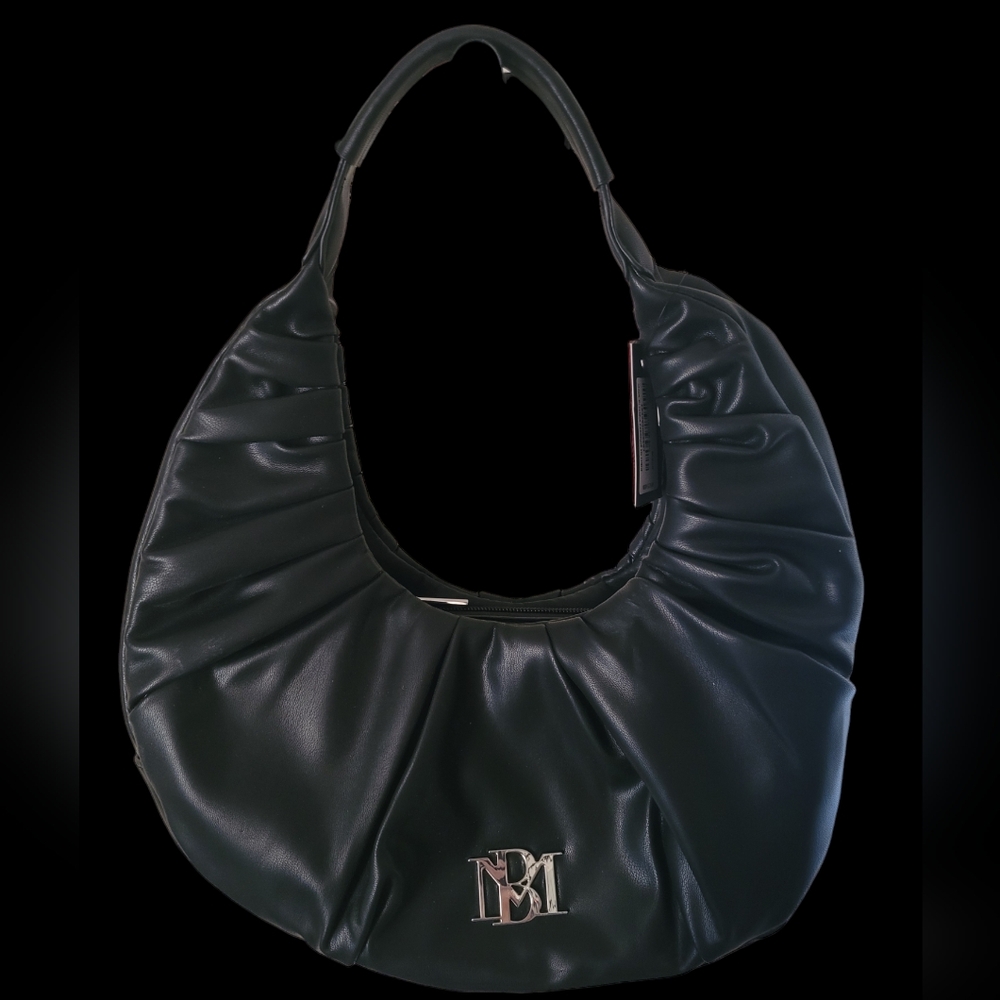 Badgley Mischka Pleats Shoulder Bag Black Hobo Vegan Leather